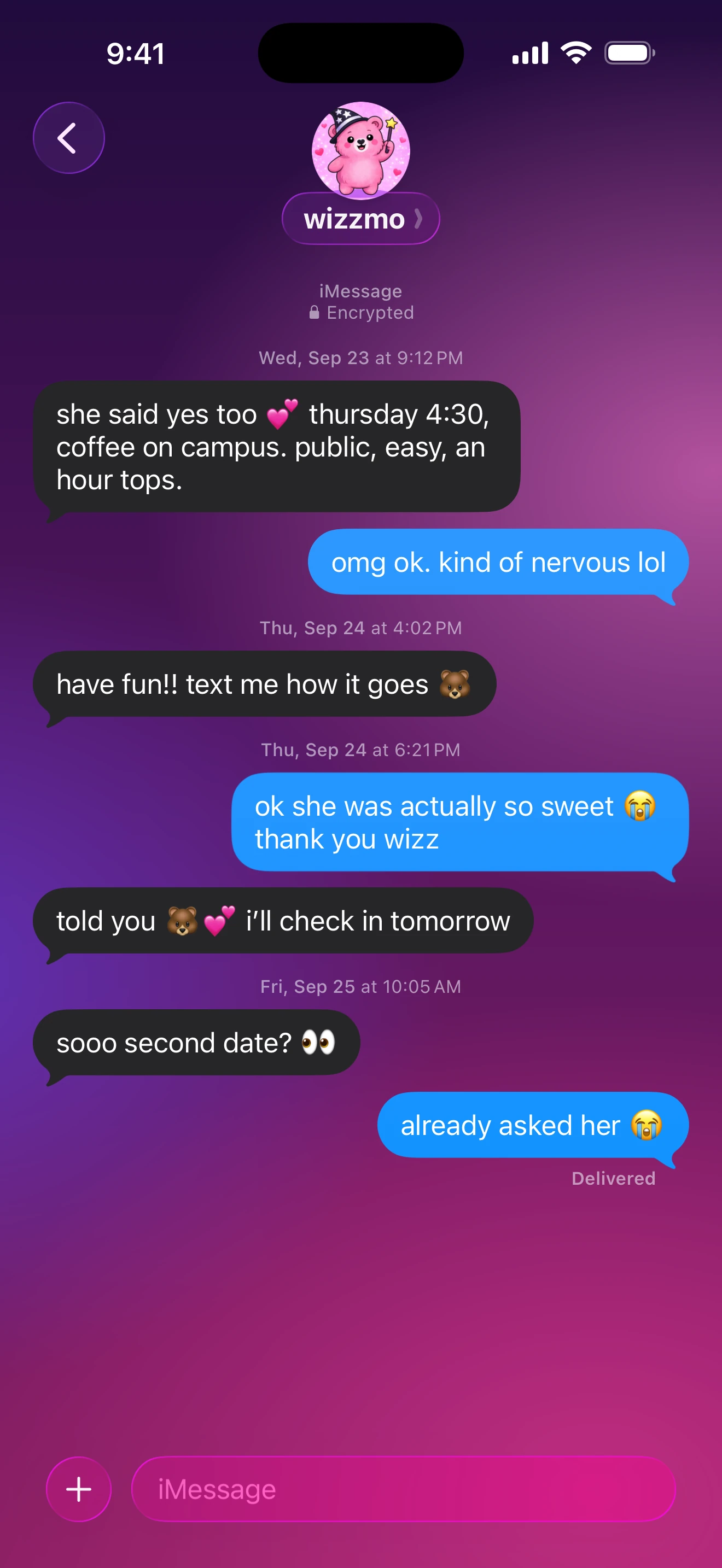 wizzmo confirming the date over text, then checking in the next day